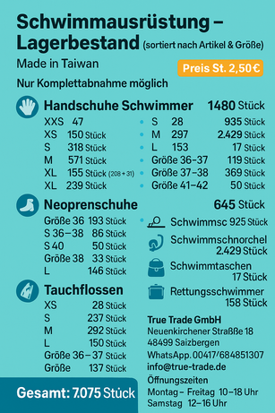 Floating equipment – stock (sorted according to article & size)